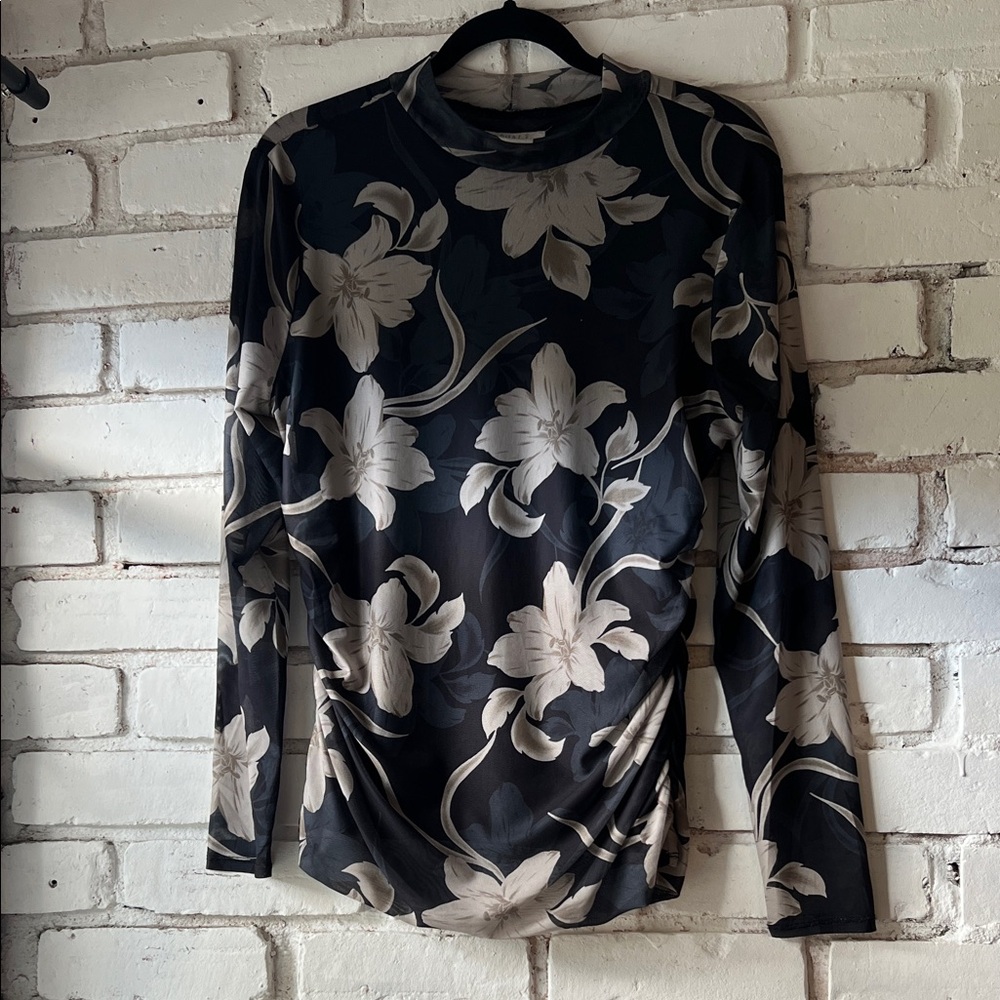 Floral Long Sleeve Blouse in blue and Cream with lily print mock neck